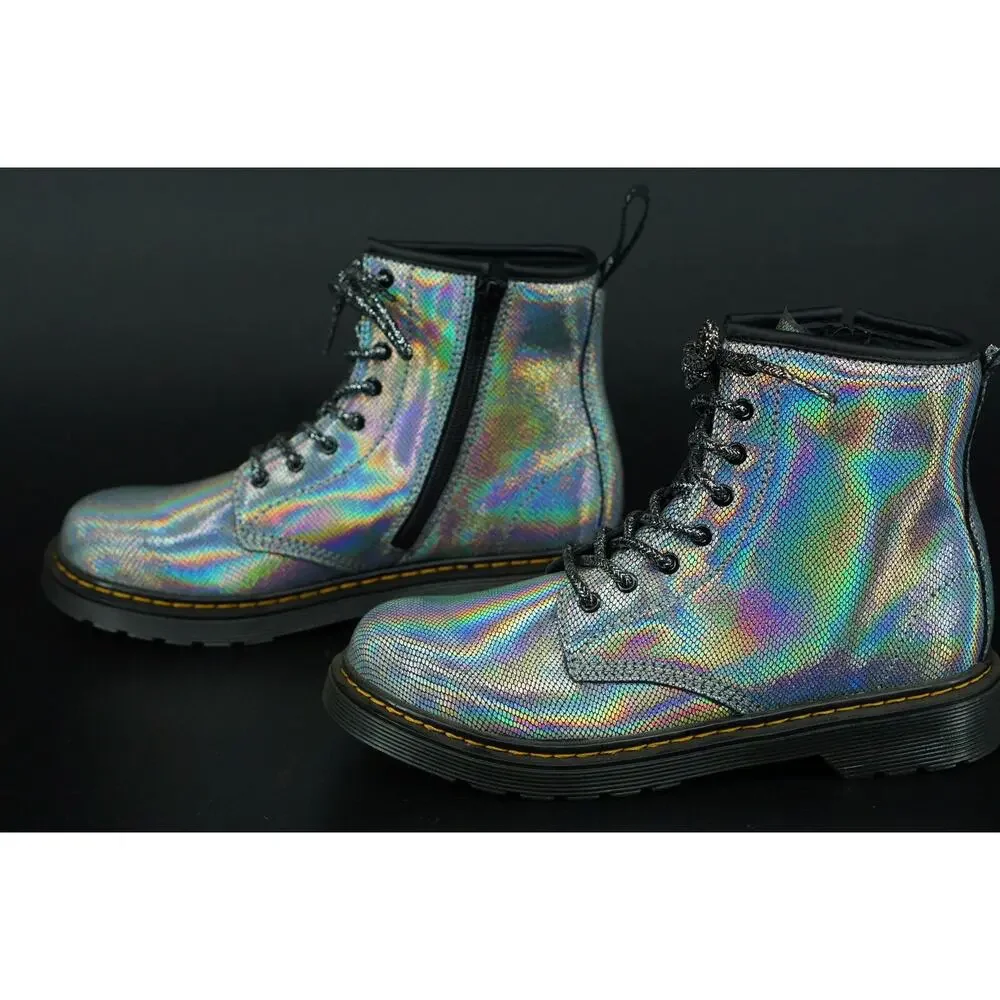 Doc Martens 1460 J Combat Ankle Boots size 5 US laces Silver Reptile Holo Biker